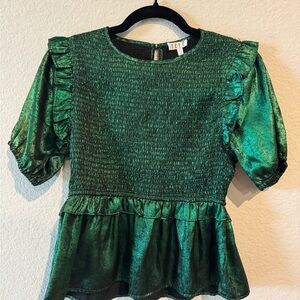 TCEC Emerald Shimmer Blouse with Ruffle Detail